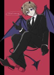 Rule 34 | 1boy, alternate costume, black gloves, black jacket, black necktie, black pants, black shoes, black suit, blue eyes, brown hair, collared shirt, crossed legs, demon boy, demon horns, demon tail, demon wings, dress pants, dress shoes, english text, formal clothes, full body, gloves, hand up, highres, horns, jacket, male focus, necktie, ohuman, oliver fog, outside border, pants, pillarboxed, red background, reverse:1999, shirt, shoes, short hair, solo, speech bubble, suit, suit jacket, tail, white shirt, wings