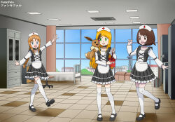 Rule 34 | 3girls, arm at side, arm up, bed, blonde hair, blue eyes, braid, braided ponytail, breasts, brown eyes, brown hair, eevee, eyelashes, fankifalu, female focus, full body, gen 1 pokemon, gloria (pokemon), green eyes, hand up, happy, hat, highres, hospital bed, knees, long hair, long sleeves, looking at another, mary janes, matching hair/eyes, medium hair, multiple girls, nintendo, nurse, nurse cap, oc x canon, on shoulder, open hand, open mouth, orange hair, original, parted bangs, pokemon, pokemon (creature), pokemon on shoulder, pokemon swsh, shoes, sidelocks, small breasts, standing, standing on one leg, swept bangs, thighhighs, white thighhighs, window