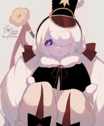 1girl 2024 :3 big_hair black_bow black_capelet black_hairband black_hat bow capelet character_name chinese_commentary colored_skin commentary_request cookie_run cookie_run:_kingdom dated frilled_sleeves frills fur-trimmed_capelet fur_trim grey_background hair_bow hair_over_one_eye hairband hat humanization kuriyama_amane long_hair long_sleeves low_twintails merry_christmas milky_way_cookie milky_way_cookie_(milky_way_resonance) neck_ribbon official_alternate_costume official_alternate_hairstyle one_eye_covered puffy_long_sleeves puffy_sleeves purple_eyes red_bow red_ribbon ribbon shako_cap shirt simple_background sleeve_bow solo sparkle star_(symbol) tongue tongue_out twintails upper_body very_long_hair white_hair white_skin yellow_shirt