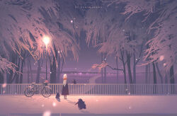1girl animal artist_name bicycle bird dress huhv. lamppost long_hair night original outdoors penguin purple_theme railing scarf scenery shadow solo standing tree white_hair winter