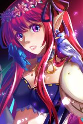 1girl animal animal_on_shoulder armor bandeau bird bird_on_shoulder black_bandeau blue_flower commentary earrings english_commentary flower genetic_(ragnarok_online) hair_ribbon head_wreath jewelry long_hair looking_at_viewer midriff navel parted_bangs pauldrons pink_flower pkyu pointy_ears purple_background purple_eyes purple_ribbon ragnarok_online red_hair ribbon shoulder_armor signature solo teeth upper_body
