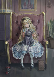 1girl absurdres alice_(alice_in_wonderland) alice_in_wonderland animal animal_on_lap apron black_bow black_hairband black_shoes blonde_hair blue_dress blue_eyes bow bow_hairband cat cheek_pinching cheshire_cat_(alice_in_wonderland) collared_dress commentary_request dress dress_bow full_body hair_bow hairband head_tilt highres indoors katamimi123 long_hair looking_at_viewer on_chair on_lap pantyhose pinching shoes short_sleeves sitting solo very_long_hair white_apron white_pantyhose