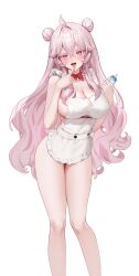 Rule 34 | 1girl, absurdres, apron, blush, breasts, cleavage, collarbone, commentary, double bun, frilled apron, frills, hair bun, highres, large breasts, long hair, looking at viewer, lying, naked apron, on side, open mouth, original, pink eyes, pink hair, simple background, smile, solo, thighs, white apron, white background, zhudouzi