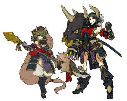 Rule 34 | 2girls, armor, black gloves, boots, botan (pixiv fantasia t), breasts, brown hat, clenched hand, gauntlets, gloves, green hat, hair over one eye, hat, holding, holding polearm, holding weapon, horns, japanese armor, kudan (pixiv fantasia t), large breasts, multiple girls, o-ring, pixiv fantasia, pixiv fantasia t, polearm, sheath, sheathed, sideboob, standing, tsukinami kousuke, weapon, white background
