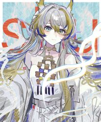 1girl absurdres aqua_eyes arknights bare_shoulders blonde_hair blue_hair blush character_name chasansui chinese_commentary closed_mouth commentary_request dated dragon_girl dragon_horns earrings emphasis_lines grey_hair hair_between_eyes highres horns jacket jewelry long_hair looking_at_viewer multicolored_hair necklace off_shoulder pointy_ears shu_(arknights) smile solo strapless tube_top white_jacket white_tube_top