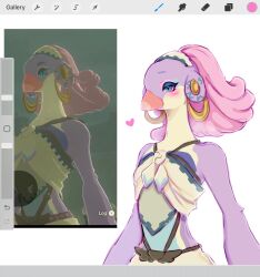 1girl arms_at_sides art_program_in_frame bare_shoulders beak bird_girl blue_fur blush body_fur closed_mouth earrings english_text female_focus flat_chest furry furry_female heart highres hoop_earrings houndeater jewelry midriff multicolored_fur multiple_views nintendo pink_hair purple_fur reference_inset rito saki_(zelda) screenshot_inset shirt short_hair sketch sleeveless sleeveless_shirt standing the_legend_of_zelda the_legend_of_zelda:_breath_of_the_wild upper_body white_fur white_shirt