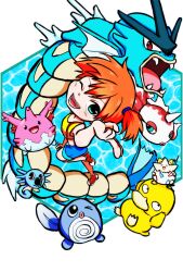 1girl absurdres asymmetrical_hair blush corsola cowboy_shot denim denim_shorts eyelashes female_focus gen_1_pokemon gen_2_pokemon goldeen green_eyes gyarados gym_leader hair_between_eyes hair_tie highres horsea looking_at_viewer misty_(pokemon) navel nintendo one_eye_closed orange_hair pokemon pokemon_(anime) pokemon_(classic_anime) poliwag ponytail psyduck shirt short_hair short_shorts shorts side_ponytail smile solo suspenders tank_top togepi wink yellow_shirt yellow_tank_top