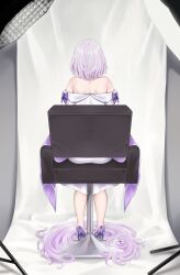1girl absurdres alternate_hair_length alternate_hairstyle bare_shoulders castorice_(honkai:_star_rail) castorice_(star_rail_live_2025)_(honkai:_star_rail) chair commentary commission dress english_commentary foxie30 from_behind grey_hair high_heels highres honkai:_star_rail honkai_(series) long_hair off-shoulder_dress off_shoulder pumps purple_shoes severed_hair shoes short_hair sitting solo white_dress
