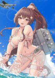 Rule 34 | aircraft, aircraft request, airplane, bikini, blue sky, breasts, brown bikini, brown eyes, brown hair, cannon, cloud, cowboy shot, day, flower, hair flower, hair intakes, hair ornament, highres, k jie, kantai collection, large breasts, long hair, machinery, official alternate costume, outdoors, ponytail, sarong, see-through clothes, see-through sarong, sky, smile, standing, swimsuit, very long hair, wading, water, yamato (kancolle), yamato kai ni (kancolle), yamato kai ni (swimsuit) (kancolle)