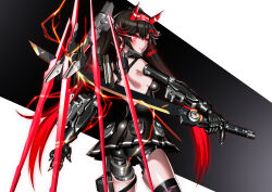 1girl armpit_crease backless_outfit bare_shoulders black_hair cyberpunk cyborg double-parted_bangs expressionless gradient_hair highres holding holding_sword holding_weapon joints katana kinoshita_tsuyuki long_hair looking_at_viewer lucia:_dawn_(pgr) lucia_(pgr) mechabare mechanical_arms mechanical_hands mechanical_legs microskirt multicolored_hair pleated_skirt punishing:_gray_raven red_eyes red_hair robot_joints skirt solo sword thighs tsurime twintails very_long_hair weapon
