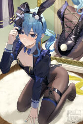 1girl :t animal_ear_hairband animal_ears ass black_leotard blue_bow blue_bowtie blue_eyes blue_hair blue_nails bow bowtie curtains fake_animal_ears feet flat_chest hairband highres hololive hoshimachi_suisei kneeling leotard looking_at_viewer mirror nakaneabura8623 pantyhose playboy_bunny pout rabbit_ear_hairband rabbit_ears reflection solo star-shaped_pupils star_(symbol) symbol-shaped_pupils thigh_strap v-shaped_eyebrows virtual_youtuber