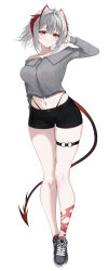 1girl absurdres alternate_costume antenna_hair arknights black_panties black_shoes black_shorts breasts commentary demon_girl demon_horns demon_tail dinosaurus_(azimangasaurus) full_body grey_hair grey_sweater highres horns large_breasts looking_at_viewer navel panties panty_straps parted_lips red_eyes shoes short_shorts shorts simple_background smile solo sweater tail thigh_strap thighs underwear w_(arknights) white_background wis&#039;adel_(arknights)