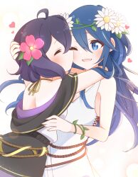 2girls alternate_costume blue_eyes blue_hair brand_of_the_exalt closed_eyes closed_mouth commission dress female_morgan_(fire_emblem) fire_emblem fire_emblem_awakening fire_emblem_heroes flower hair_between_eyes hair_flower hair_ornament heart highres ikonaska kiss kissing_cheek long_hair looking_at_another lucina_(fire_emblem) lucina_(valentine)_(fire_emblem) multiple_girls nintendo official_alternate_costume one_eye_closed open_mouth purple_hair short_hair skeb_commission sleeveless sleeveless_dress symbol_in_eye white_background white_dress yuri