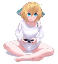 1girl :p absurdres animal_ears bare_legs barefoot blonde_hair blue_eyes closed_mouth commentary commission controller copyright_request crossed_legs english_commentary full_body game_controller hair_between_eyes highres holding holding_controller holding_game_controller looking_at_viewer medium_hair off_shoulder shirt simple_background sitting solo sony tongue tongue_out white_background white_shirt yoako