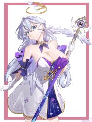 0m00n 1girl absurdres bare_shoulders blush breasts cane cleavage closed_mouth dress feathered_wings feathers gloves green_eyes hair_between_eyes head_wings highres holding holding_cane honkai:_star_rail honkai_(series) large_breasts long_hair looking_at_viewer robin_(honkai:_star_rail) simple_background solo white_background white_dress wings