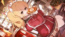 Rule 34 | 1girl, ahoge, black socks, blonde hair, blue archive, blush, bread, bread slice, cafe, chamoraile, food, fried egg, fried egg on toast, halo, highres, holding, holding food, jacket, kneehighs, looking at viewer, open mouth, red jacket, red skirt, sailor collar, sitting, skirt, socks, solo, toast, twintails, white sailor collar, yellow eyes, yellow halo, yoshimi (blue archive)