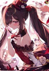 1girl bandaged_arm bandages breasts brown_hair cleavage detached_collar dress flower gloves hair_flower hair_ornament hair_over_one_eye hat highres kat_(bu-kunn) logo long_hair mahjong_soul mini_hat mini_top_hat morikawa_ayako official_art purple_eyes red_dress red_flower red_gloves red_hat red_rose rose solo top_hat very_long_hair white_flower white_rose