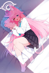 1girl ahoge animal_ear_fluff animal_ears animal_hands bed_sheet black_skirt blue_archive blue_eyes blue_necktie blue_pillow cat_ears cat_paws cat_tail collared_shirt commentary_request drooling fang full_body halo heterochromia highres hoshino_(blue_archive) long_hair long_sleeves looking_at_viewer lying muou necktie on_side open_mouth orange_eyes paid_reward_available pink_hair pink_halo plaid_clothes plaid_skirt pleated_skirt shirt skin_fang skirt socks solo tail very_long_hair white_shirt white_socks