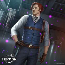 1boy blue_eyes bulletproof_vest capcom denim gloves gun handgun highres holster jeans kuroiwa_enu necktie official_art pants pistol raymond_vester red_hair resident_evil resident_evil:_revelations shirt slime_(substance) teppen vent_(object) weapon white_shirt