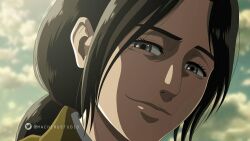 1girl artist_name black_hair blurry blurry_background close-up closed_mouth cloud fake_screenshot grey_eyes highres looking_at_viewer machirustudio official_style outdoors pieck_finger ponytail shingeki_no_kyojin sky smile solo third-party_source twitter_logo twitter_username