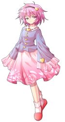 1girl alphes_(style) angry black_hairband blue_shirt buttons commentary_request dairi dress floral_print frilled_socks frills full_body hairband heart heart_button komeiji_satori parody pink_hair pink_skirt pink_slippers purple_eyes rose_print shirt short_hair skirt sleeves_past_fingers sleeves_past_wrists slippers socks solo style_parody touhou transparent_background white_socks wide_sleeves