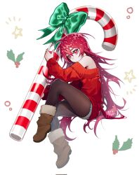 1girl bare_shoulders black_pantyhose boots candy candy_cane christmas dandruff denim denim_shorts flaky_(happy_tree_friends) food fur-trimmed_boots fur_trim green_ribbon happy_tree_friends highres mary_felizola mistletoe off-shoulder_sweater off_shoulder pantyhose personification red_eyes red_hair red_sweater ribbon shorts sweater white_background