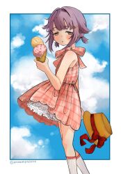 1girl bare_shoulders blush border brown_eyes cloud cloudy_sky commentary_request gingham_dress hat highres holding holding_ice_cream_cone holding_unworn_clothes holding_unworn_hat ice_cream_cone idolmaster idolmaster_cinderella_girls koshimizu_sachiko outside_border parted_lips purple_hair short_hair sky socks solo twitter_username unworn_hat unworn_headwear wanwanpaccoro white_border