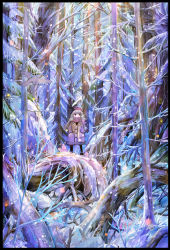 1girl bare_tree bird black_pantyhose blush border colorful covered_mouth deer female_focus fir_tree forest hands_in_pockets hat nature original outdoors pantyhose rabbit red_eyes scarf scenery silver_hair snow snowing solo sonidoriy squirrel standing tree winter winter_clothes