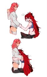 2girls bandaged_leg bandages bandaid bandaid_on_face black_panties black_pants chinese_commentary commentary_request couple headpat highres hug jinx_(league_of_legends) kid_sppinarl league_of_legends long_hair long_sleeves lux_(league_of_legends) medium_hair multiple_girls panties pants purple_eyes red_hair simple_background star_guardian_(league_of_legends) star_guardian_jinx star_guardian_lux two_side_up underwear white_background yuri