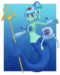Rule 34 | breasts, colored skin, daviddragonstar, digimon, digimon (creature), fins, frog girl, green skin, head fins, helmet, jellymon, mermaid, monster girl, polearm, ranamon, red eyes, smile, trident, weapon