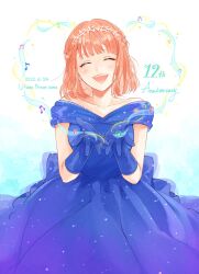 Rule 34 | 1girl, :d, ^ ^, anniversary, back bow, bare shoulders, blue bow, blue dress, blue gloves, bob cut, bow, braid, closed eyes, collarbone, copyright name, dated, dress, earrings, facing viewer, feet out of frame, gloves, gown, gradient background, hairband, half up braid, head tilt, highres, jewelry, light blush, light particles, musical note, musical staff, nanami haruka, off-shoulder dress, off shoulder, open hands, open mouth, orange hair, orange lips, orenji (lullaby), short hair, short sleeves, smile, solo, straight-on, uta no prince-sama, white background, wispy bangs