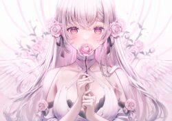 1girl angel_wings bare_shoulders blush breasts collarbone commentary_request dress feathered_wings flower hair_between_eyes hair_flower hair_ornament hair_ribbon halterneck highres holding holding_flower long_hair looking_at_viewer multicolored_hair original pink_eyes pink_flower pink_rose ribbon rose sensitive solo upper_body white_dress white_hair white_wings wings yuubarish