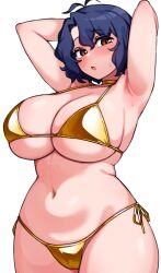 1girl :o alternate_costume antenna_hair armpits arms_behind_head arms_up bikini blue_hair blush breasts choker curvy gold_bikini halterneck highres huge_breasts idolmaster idolmaster_million_live! kwaejina looking_at_viewer navel presenting_armpit short_hair side-tie_bikini_bottom simple_background skindentation solo stomach string_bikini sweatdrop swimsuit thighs toyokawa_fuka white_background yellow_choker