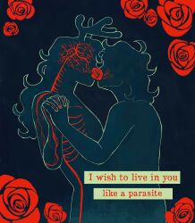 1girl 1other absurdres alien_stage antlers commentary deer_antlers deer_girl deltarune english_commentary english_text flower highres holding_hands horns interlocked_fingers kiss kris_(deltarune) long_hair lyrics mason_(cosmvcfire) noelle_holiday other_with_female plant red_flower red_rose rose short_hair silhouette skeleton vines