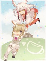 Rule 34 | 10s, 2girls, :d, alpaca ears, alpaca suri (kemono friends), animal ears, bird tail, bird wings, black eyes, black footwear, black hair, blonde hair, blue sky, blunt bangs, blush, boots, border, breasts, building, carrying, cup, day, empty eyes, feather trim, feathered wings, floating hair, flying, full body, fur collar, fur trim, gloves, gradient hair, grey ribbon, grey vest, hair bun, hair over one eye, holding hands, horizontal pupils, japanese crested ibis (kemono friends), kemono friends, leg up, long hair, long sleeves, looking at another, looking down, mary janes, miniskirt, multicolored hair, multicolored wings, multiple girls, narita imomushi, no nose, open mouth, orange skirt, outdoors, pantyhose, pink ribbon, pleated skirt, pocket, raised eyebrows, red gloves, red hair, red legwear, red ribbon, red wings, ribbon, shoes, short hair, shorts, sidelocks, single hair bun, skirt, sky, small breasts, smile, star (symbol), tail, twitter username, vest, white border, white hair, white legwear, white shorts, white wings, wide sleeves, wings, yellow eyes