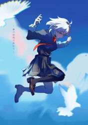 1girl absurdres ahoge bird black_pantyhose black_skirt blue_sky brown_shoes closed_mouth cloud commentary fate/grand_order fate_(series) full_body highres jeanne_d&#039;arc_alter_(fate) jumping long_sleeves looking_down necktie pantyhose pleated_skirt red_necktie school_uniform shoes short_hair skirt sky solo translated white_hair yellow_eyes yin_(yin_ya)