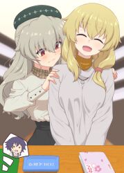 3girls absurdres ada_badguy alternate_costume alternate_hairstyle anchovy_(girls_und_panzer) beret black_hair black_skirt blonde_hair blush book braid brown_eyes carpaccio_(girls_und_panzer) casual checkered_clothes closed_eyes commentary commission facing_another girls_und_panzer green_hair green_hat grey_shirt grey_sweater hair_down hair_tie hands_on_another&#039;s_shoulders hat highres inset jewelry long_hair long_sleeves looking_at_another multiple_girls necklace orange_sweater pepperoni_(girls_und_panzer) red_eyes shirt short_hair side_ponytail signature sitting skeb_commission skirt smile speech_bubble sweatdrop sweater thought_bubble turtleneck turtleneck_sweater