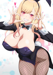 1girl alternate_breast_size animal_ears areola_slip black_bow black_bowtie blonde_hair bow bowtie breasts brown_pantyhose detached_collar fake_animal_ears fingernails fishnet_pantyhose fishnets grin huge_breasts jewelry joy_ride kitagawa_marin leotard long_hair looking_at_viewer pantyhose pink_nails playboy_bunny purple_leotard rabbit_ears red_eyes ring smile solo sono_bisque_doll_wa_koi_wo_suru