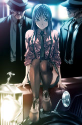 1girl 2boys blue_hair car car_interior fedora formal_clothes gangster hat legs lips long_hair mafia motor_vehicle multiple_boys necktie original panties pantyshot rezi sitting suspenders thighhighs underwear