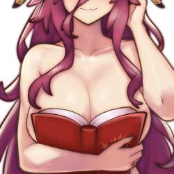 1girl boobs_in_book_(meme) book breasts cleavage collarbone commentary dragalia_lost english_commentary fang holding holding_book large_breasts long_hair meme mym_(dragalia_lost) nude open_book red_hair rotomdocs skin_fang smile solo upper_body very_long_hair white_background