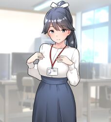 1girl absurdres black_eyes black_hair blue_skirt bow breasts closed_mouth collarbone furaggu_(frag_0416) hair_bow hair_falps hair_ribbon highres houshou_(kancolle) id_card indoors kantai_collection lanyard large_breasts long_hair long_skirt long_sleeves office ponytail ribbon shirt skirt smile solo standing variant_set white_bow white_ribbon white_shirt