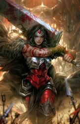 1girl absolute_dc absolute_wonder_woman arm_tattoo armored_boots black_boots black_hair blue_eyes boots dc_comics highres holding holding_sword holding_weapon huge_weapon long_hair looking_at_viewer pelvic_curtain red_tattoo safarirhymes solo sword tattoo tiara weapon wonder_woman