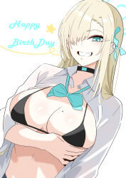 1girl asuna_(blue_archive) asuna_(school_uniform)_(blue_archive) bikini black_bikini blonde_hair blue_archive blue_eyes blue_ribbon breasts cleavage english_text grin hair_over_one_eye hair_ribbon halo happy_birthday highres large_breasts mole mole_on_breast retosato0147 ribbon school_uniform simple_background smile solo swimsuit white_background