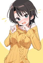 Rule 34 | 1girl, absurdres, alternate costume, aqua eyes, aran sweater, black hair, blue eyes, blush, braid, breasts, brown hair, cable knit, embarrassed, flying sweatdrops, hair ornament, hairclip, highres, hololive, hutaba haru, large breasts, long sleeves, looking at viewer, medium breasts, off-shoulder sweater, off shoulder, official alternate costume, oozora subaru, open mouth, ribbed sweater, short hair, simple background, solo, sweatdrop, sweater, swept bangs, two-tone background, upper body, white background, yellow sweater