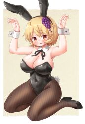 1girl aki_minoriko animal_ear_hairband animal_ears arinu armpits arms_up black_hairband black_pantyhose black_ribbon black_shoes blonde_hair blush breasts bunny_day cleavage covered_navel detached_collar fake_animal_ears fake_tail fishnet_pantyhose fishnets food-themed_hair_ornament full_body grape_hair_ornament hair_ornament hairband highres large_breasts leotard looking_at_viewer neck_ribbon pantyhose playboy_bunny rabbit_ear_hairband rabbit_ears rabbit_pose rabbit_tail red_eyes ribbon shoes short_hair sitting solo tail touhou wariza wrist_cuffs