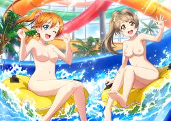 Rule 34 | 2girls, alternate hairstyle, barefoot, blue eyes, blue sky, bow, bracelet, brown hair, day, earrings, feet, hair ornament, hairclip, highres, indoors, innertube, jewelry, kosaka honoka, light brown hair, looking at viewer, love live!, love live! school idol project, minami kotori, multiple girls, necklace, nipples, nude, nude filter, official art nude filter, one eye closed, one side up, open mouth, orange hair, plant, ponytail, pool, scrunchie, short hair, side ponytail, sitting, sky, smile, soles, sunlight, swim ring, third-party edit, water, wet