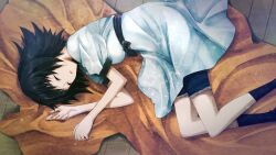 1girl black_bow black_hair black_sash black_socks black_trim blue_dress bob_cut bow chest_bow collar collarbone dress eyelashes frilled_collar frills from_above game_cg highres huke lying medium_hair non-web_source official_art on_blanket on_side open_mouth pink_frills puffy_short_sleeves puffy_sleeves sash shiina_mayuri short_sleeves shorts shorts_under_dress shorts_under_skirt socks solo steins;gate steins;gate:_linear_bounded_phenogram tareme thick_eyebrows tile_floor tiles tongue waist_sash