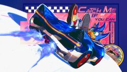 1boy absurdres between_legs blue_fur body_fur car crossed_legs dinosaur english_text furry furry_male green_eyes hand_between_legs highres jewelry kornart male_focus motor_vehicle riding ring solo_focus sonic_(series) sonic_racing:_crossworlds sonic_the_hedgehog