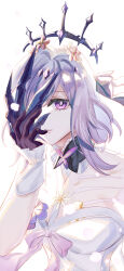 1girl absurdres black_tiara bright_pupils castorice_(honkai:_star_rail) dress flower grey_hair hair_flower hair_ornament highres holding holding_mask honkai:_star_rail honkai_(series) looking_at_viewer mask parted_lips purple_eyes short_hair solo tiara upper_body white_background white_dress wrist_cuffs xianliu0522
