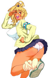 1girl armband ass bad_id bad_pixiv_id blonde_hair bobobo breasts brown_eyes cardigan dark-skinned_female dark_skin feet female_focus heart heart_in_mouth large_breasts long_hair looking_back loose_socks oono_tsutomu original panties pantyshot pink_panties pleated_skirt red_eyes shoe_dangle simple_background skirt socks solo tan thick_thighs thighs underwear upskirt white_background white_panties yellow_socks